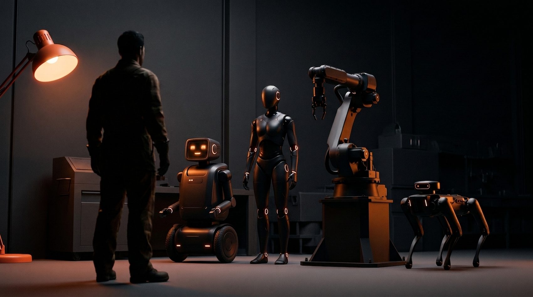 An engineer stands in a dark workshop facing a lineup of four robots awaiting instructions: a wheeled robot with a screen face, a humanoid, an industrial arm, and a quadruped, all matte black with warm orange accent lights